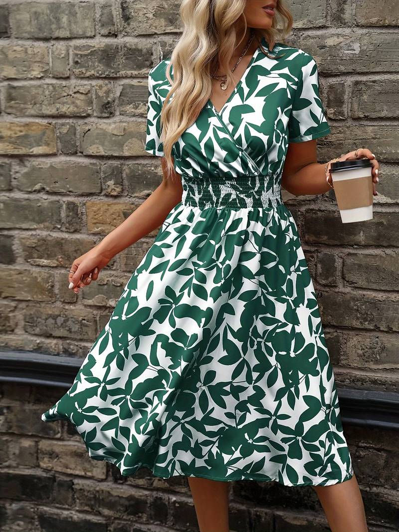 Leaf Print V-Neck Dress for Summer