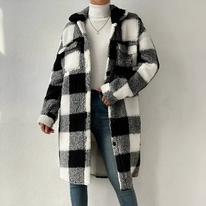 Checkered Long-Sleeve Buttoned Coat with Chest Pockets