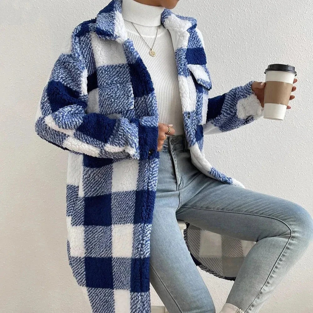 Checkered Long-Sleeve Buttoned Coat with Chest Pockets