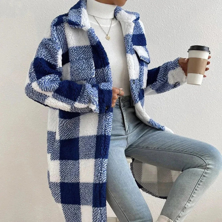 Checkered Long-Sleeve Buttoned Coat with Chest Pockets