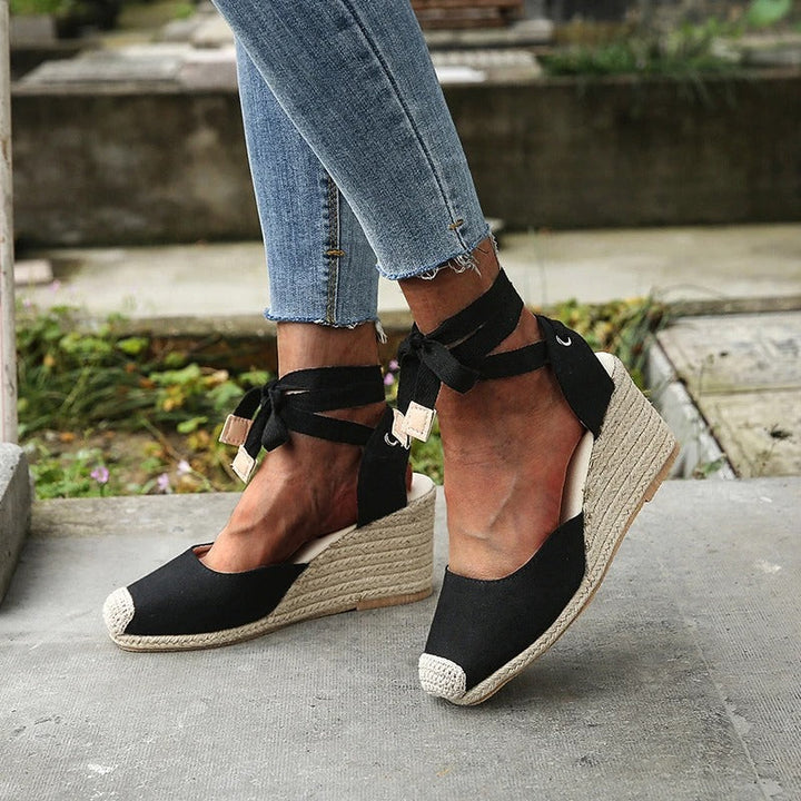 Tie-Up Lace Wedge Sandals with Espadrille Heel