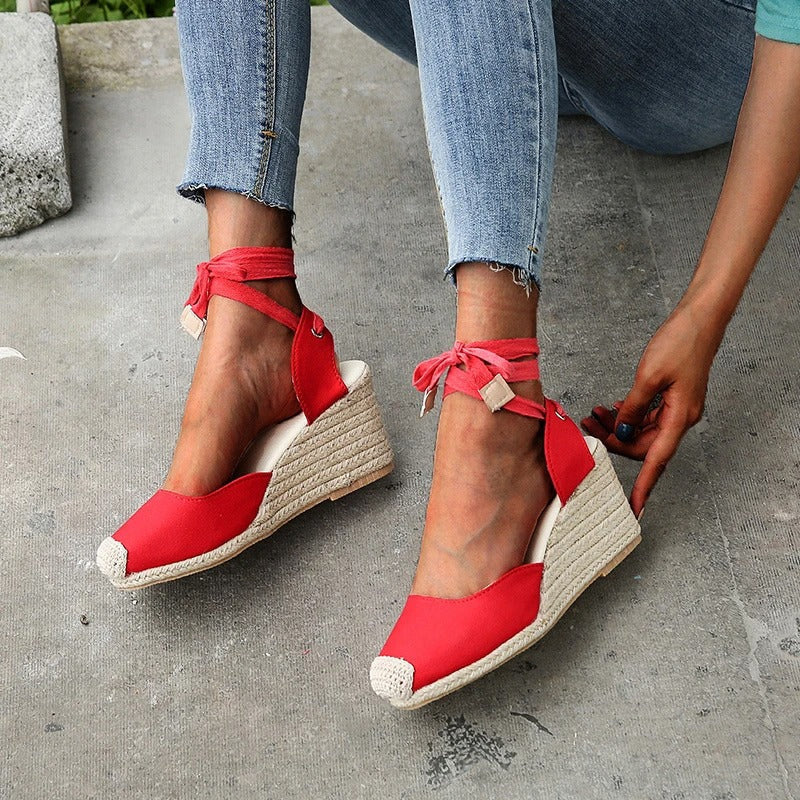 Tie-Up Lace Wedge Sandals with Espadrille Heel